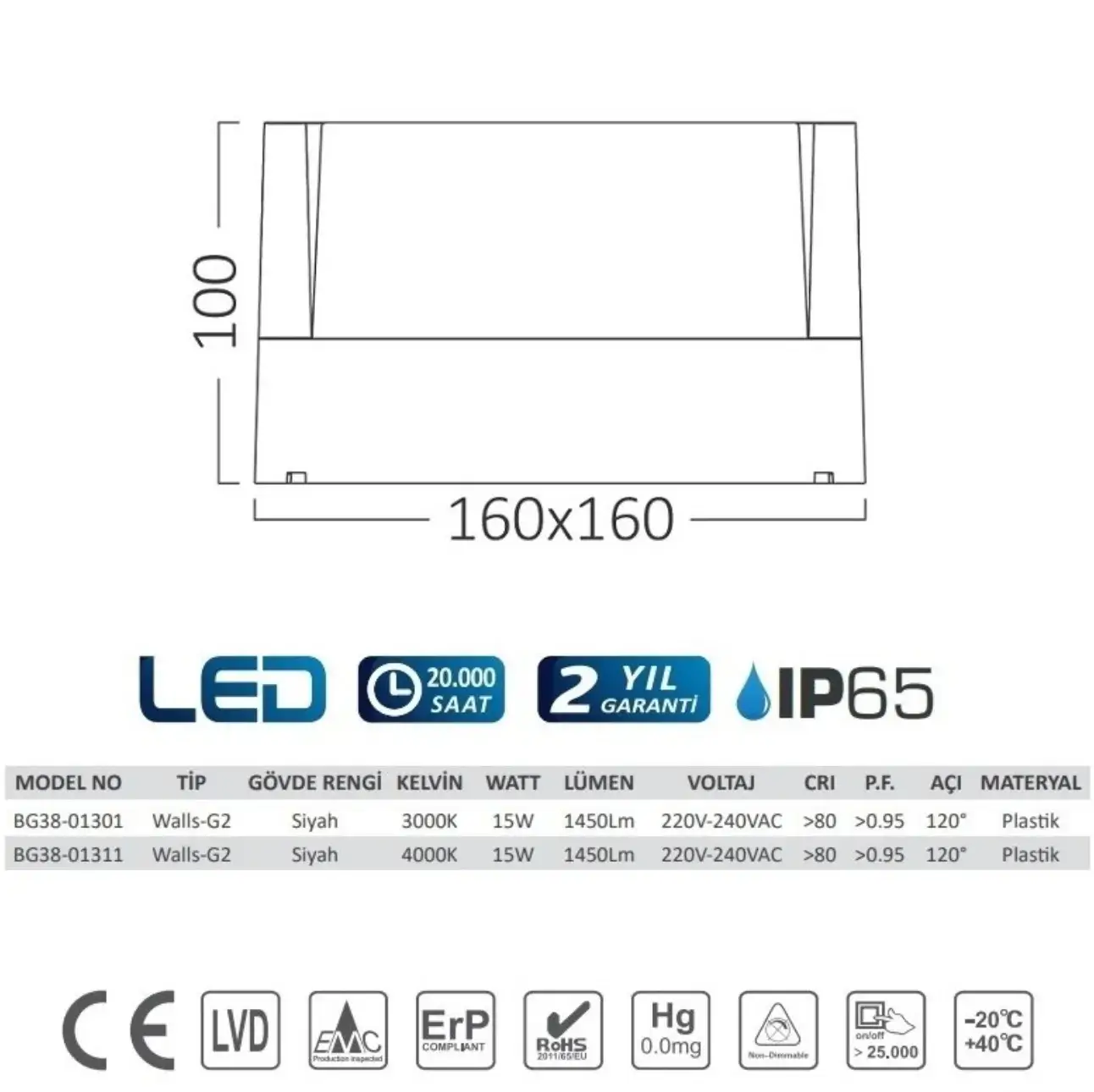 Braytron BG38-01301 Siyah Kasa Kare Dış Mekan LED Aplik 15 Watt Gün Işığı - Thumbnail