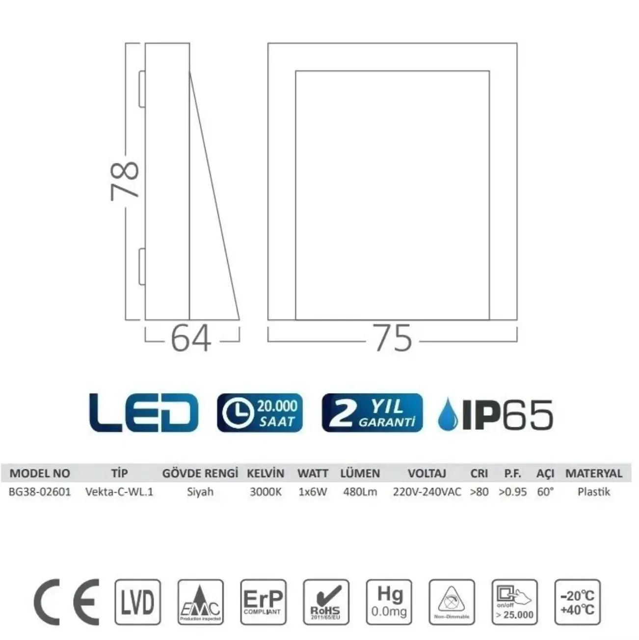 Braytron BG38-02601 Antrasit Kasa Tek Yönlü Dış Mekan LED Aplik 6 Watt - Thumbnail