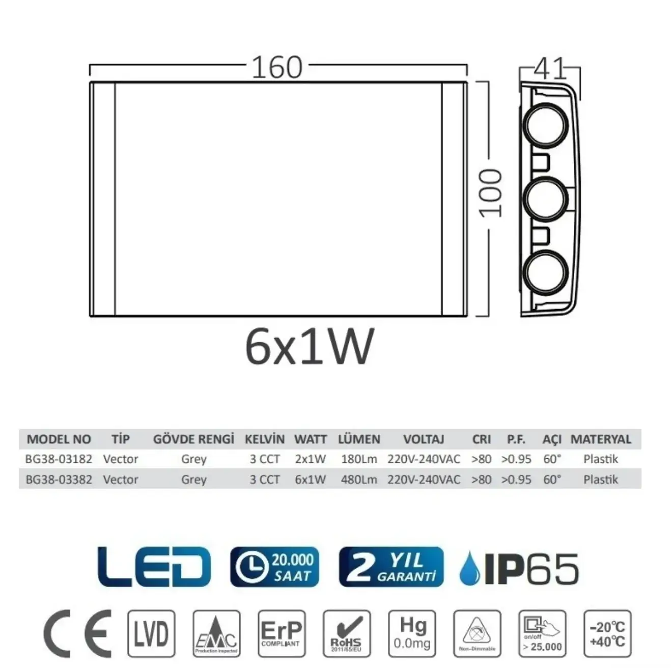 Braytron BG38-03382 Gri Kasa Tek Yönlü Dış Mekan LED Aplik 6 Watt - Thumbnail