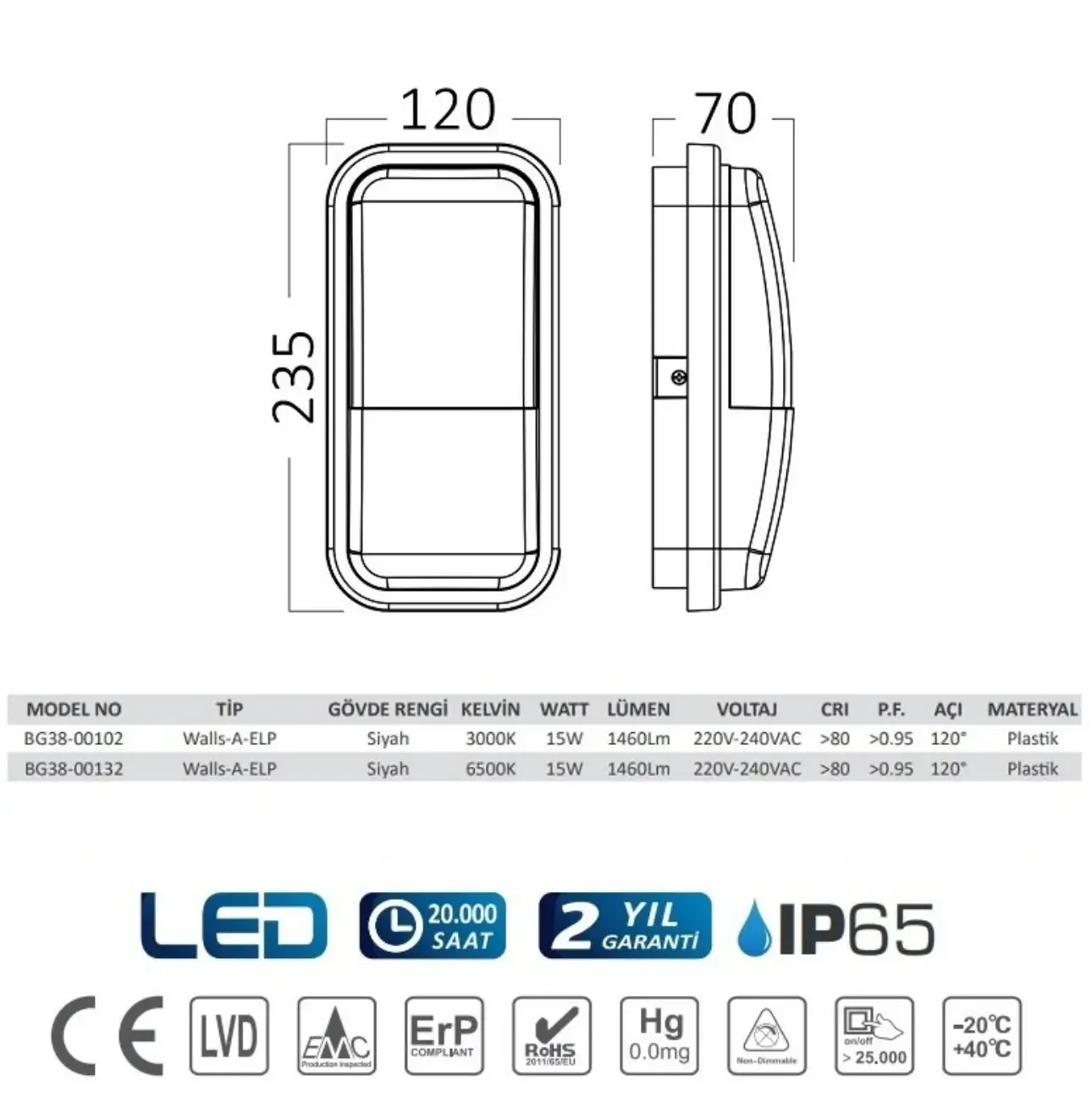 Braytron BG38-0712 Siyah Kasa Dış Mekan Ilık Beyaz LED Aplik 12 Watt - Thumbnail