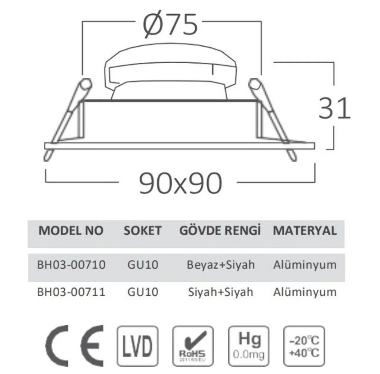 Braytron BH03-00710 Beyaz-Siyah Sıva Altı Kare Spot Kasası GU10 Duylu - Thumbnail