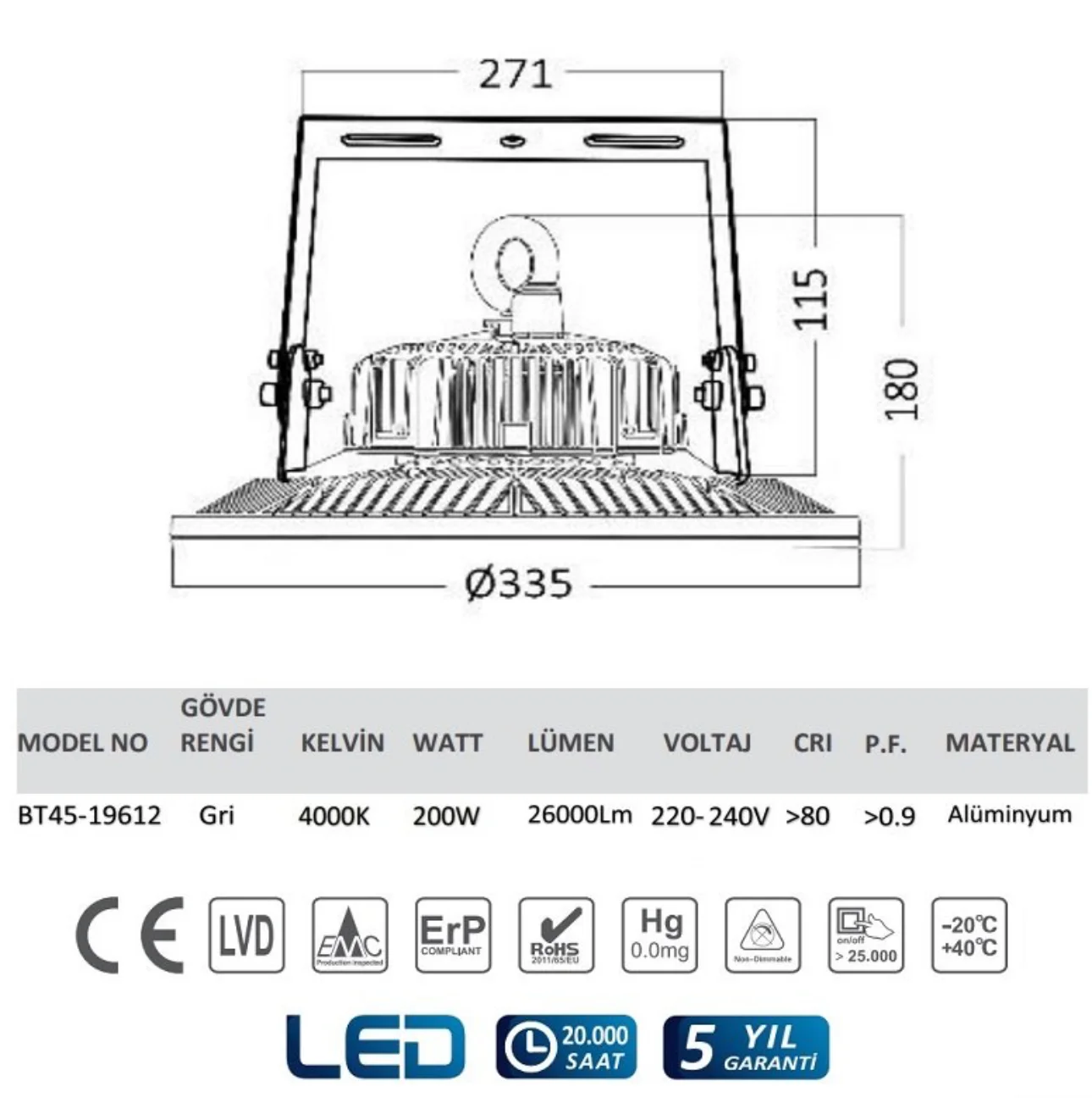 Braytron BT45-19612 LED Yüksek Tavan Armatürü 200 Watt