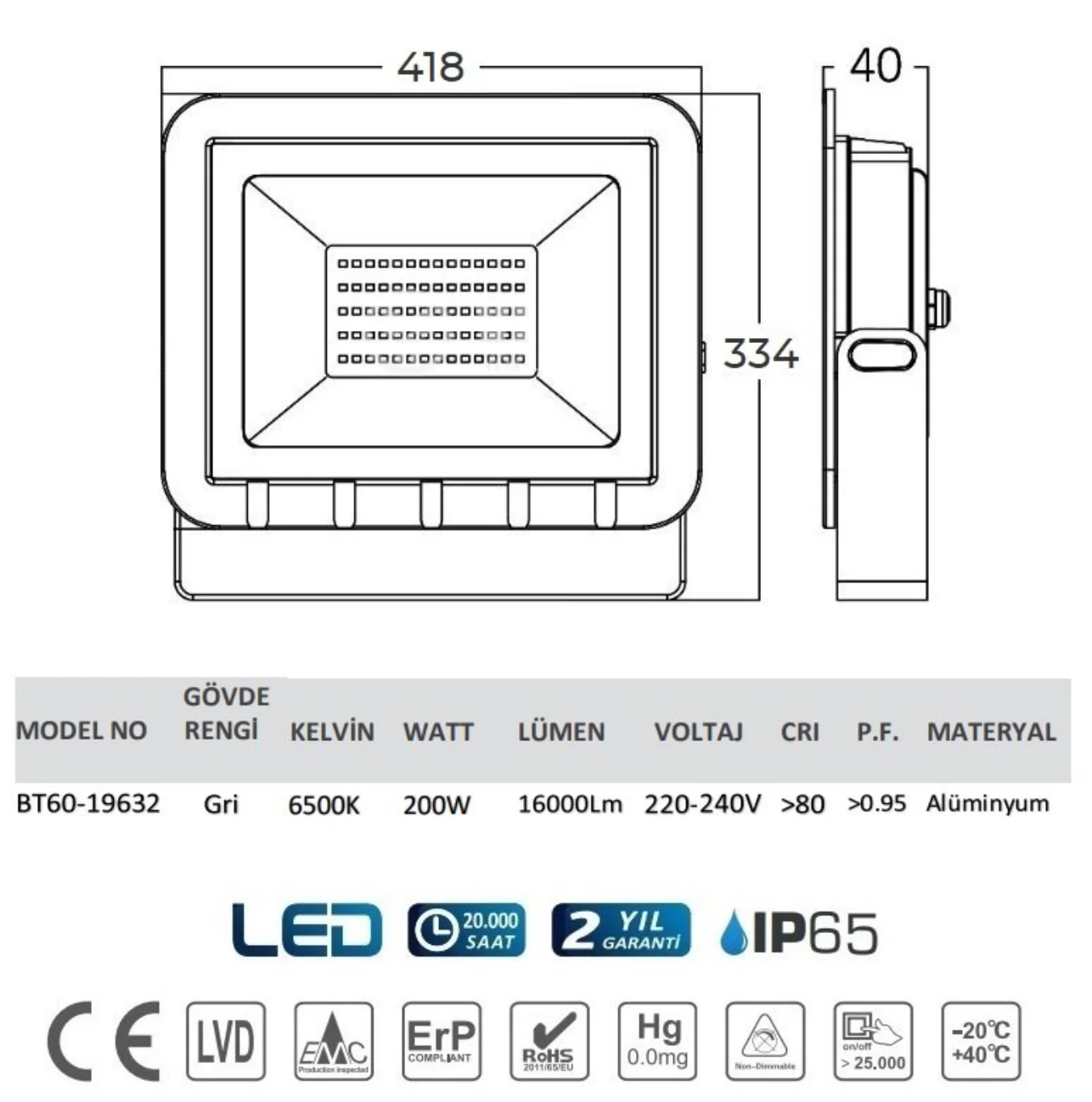 Braytron BT60-19632 200 Watt LED Projektör - Thumbnail