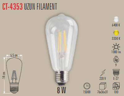 CT-4353 Uzun Fılament Rustik Ampul 8w