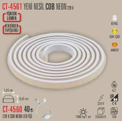 CT-4561 Dış Mekan Cob Neon Led Yapışkanlı 220v 100 Metre
