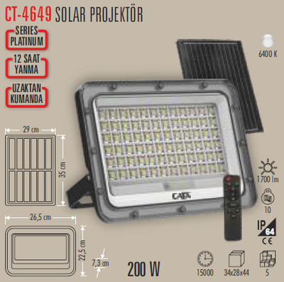 CT-4649 Solar Led Projektör 200w