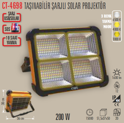 CT-4698 Solar Led Projektör 200w