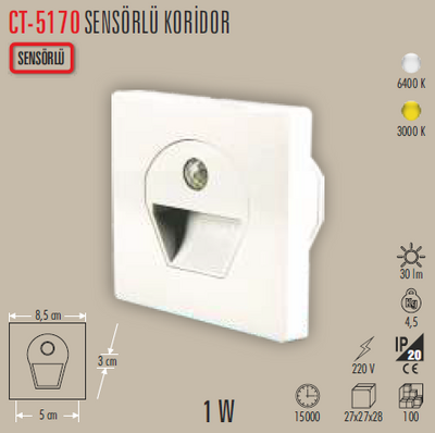 CT-5170 Sensörlü Koridor Led Spot Beyaz