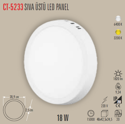 CT-5233 Sıva Üstü Led Panel 18w