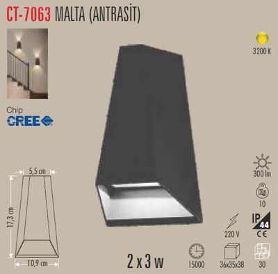 CT-7063 / MALTA ANTRASİT / BAHÇE / DUVAR APLİK / 2X3 W