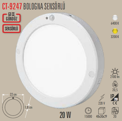 CT-9247 Bologna Sensörlü Led Armatür 20w