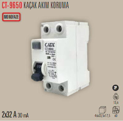 CT-9650 Monofaze Kaçak Akım Rolesi 2x32a 30Ma