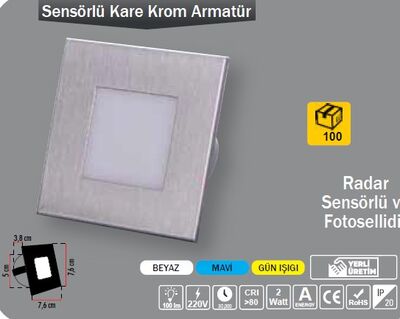 ERK5041 2W MERDİVEN ARMATÜR KARE KROM SIVA ALTI 220V SENSÖRLÜ