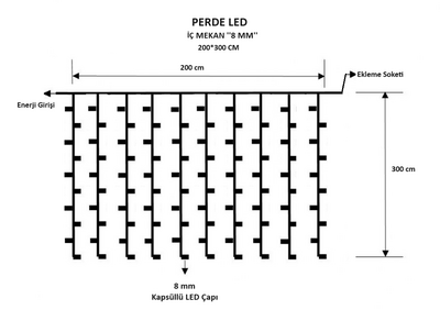 Perde Led ꟾ 200*300 Cm ꟾ İç Mekan ꟾ Sabit Yanar ꟾ 8 mm Led