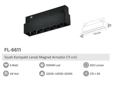 FL-6611 6W Siyah Kompakt Lensli Magnet Armatür