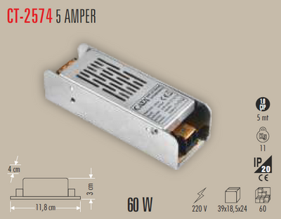 CT-2574 12 Volt 5 Amper 60 W Slim Trafo İP20