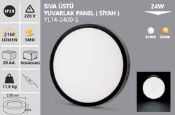 NOAS - YL 14-2400 SIVA ÜSTÜ YUVARLAK PANEL SİYAH 24W (1)